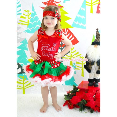 Xmas Red Tank Top Red White Green Dots Ruffles Red Bow & Sparkle Rhinestone Santa Baby Print & Red White Green Dots Pettiskirt CM195